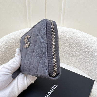 Chanel Zippy Card Holder / Pouch in Dark Grey Caviar and Crystal Studded Logo