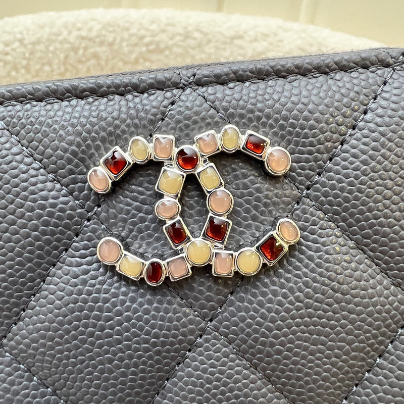 Chanel Zippy Card Holder / Pouch in Dark Grey Caviar and Crystal Studded Logo