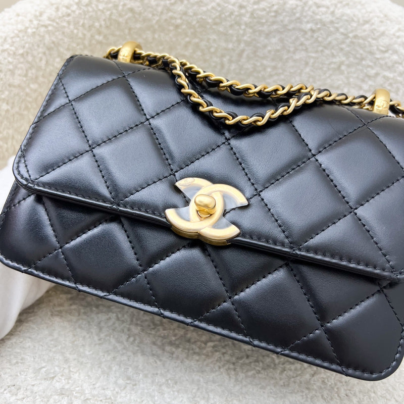 Chanel 24C Seasonal Double Chain Flap in Black Shiny Calfskin and AGHW (Model: AS2615)