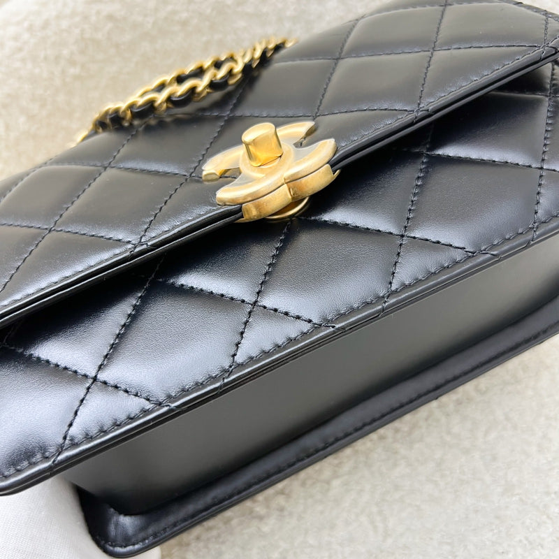 Chanel 24C Seasonal Double Chain Flap in Black Shiny Calfskin and AGHW (Model: AS2615)