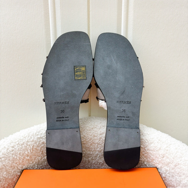 Hermes Oran Toile H Sandals in Prunoir / Noir Size 36