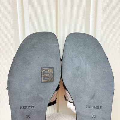 Hermes Oran Toile H Sandals in Prunoir / Noir Size 36