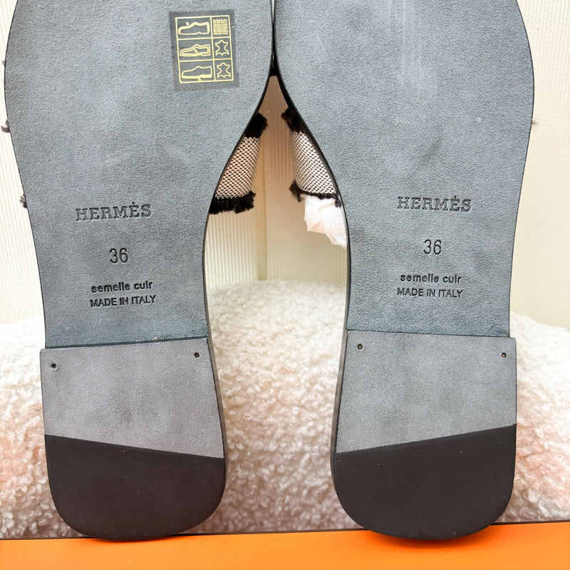 Hermes Oran Toile H Sandals in Prunoir / Noir Size 36