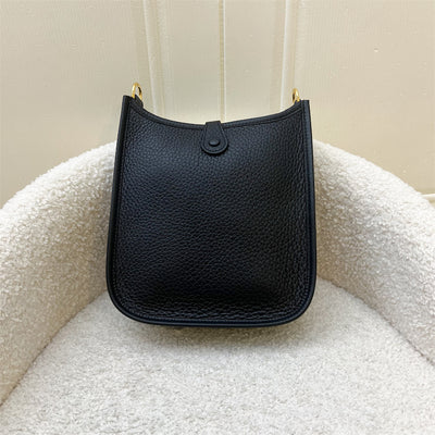 Hermes Mini Evelyne TPM in Noir Black Clemence Leather, Striped Shoulder Strap and GHW