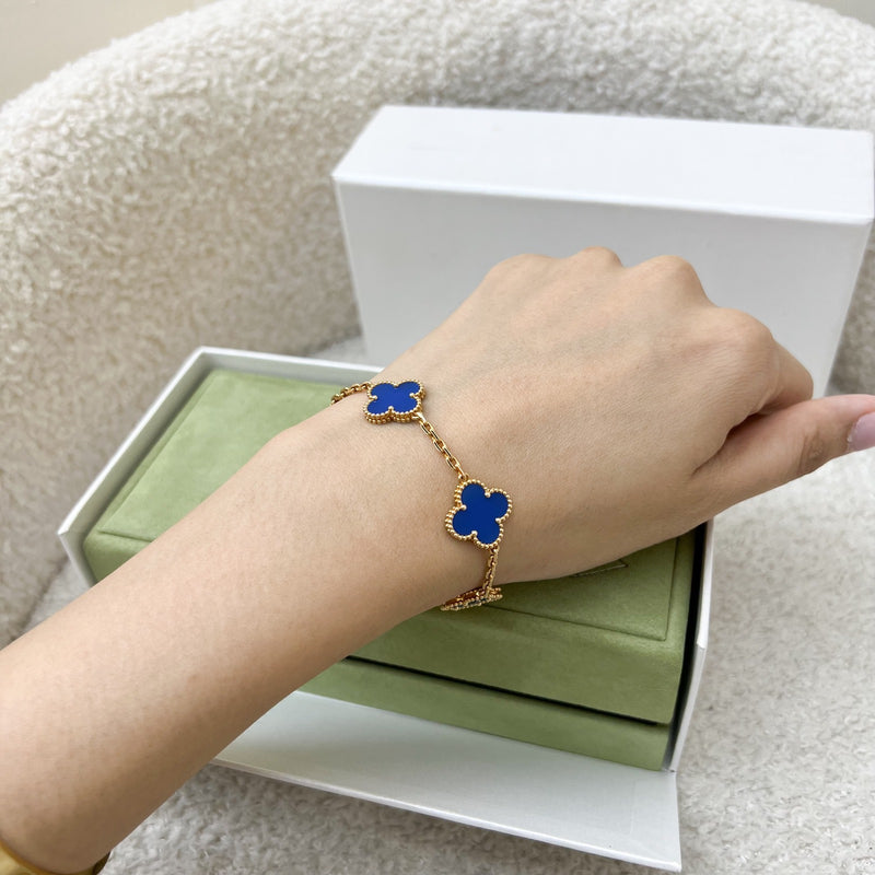 Van Cleef & Arpels VCA Vintage Alhambra 5 Motifs Bracelet with Blue Agate in 18K Yellow Gold (Ref: VCARP34900)