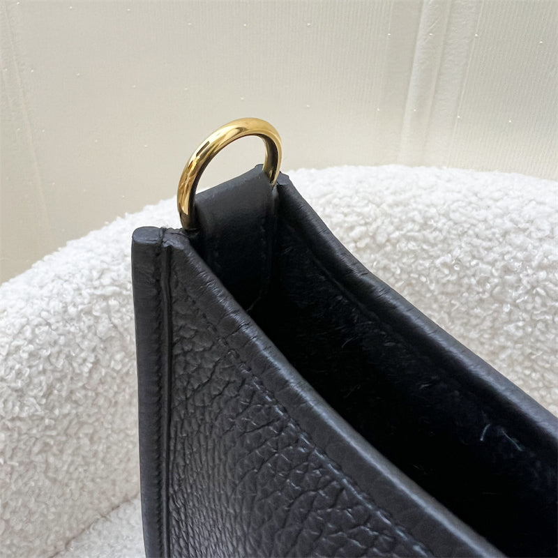 Hermes Mini Evelyne TPM in Noir Black Clemence Leather, Striped Shoulder Strap and GHW