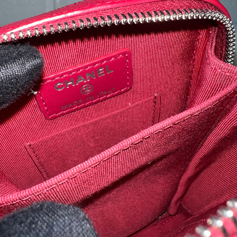 Chanel Vertical Phone Holder / Clutch on Chain in Red Caviar and SHW (Model: A70655)