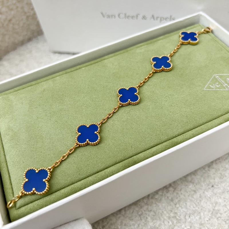 Van Cleef & Arpels VCA Vintage Alhambra 5 Motifs Bracelet with Blue Agate in 18K Yellow Gold (Ref: VCARP34900)