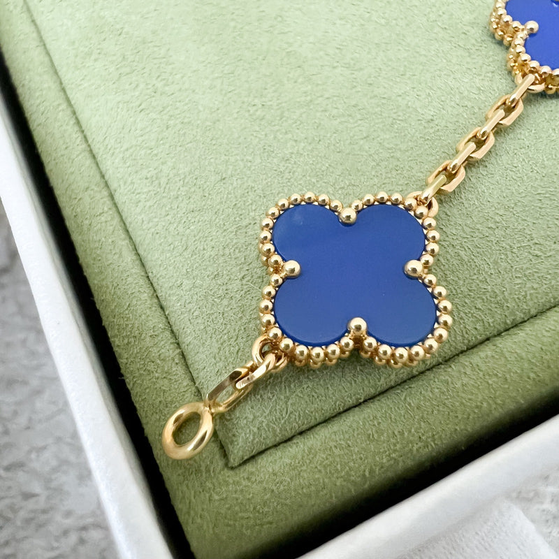 Van Cleef & Arpels VCA Vintage Alhambra 5 Motifs Bracelet with Blue Agate in 18K Yellow Gold (Ref: VCARP34900)