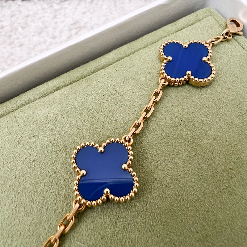 Van Cleef & Arpels VCA Vintage Alhambra 5 Motifs Bracelet with Blue Agate in 18K Yellow Gold (Ref: VCARP34900)