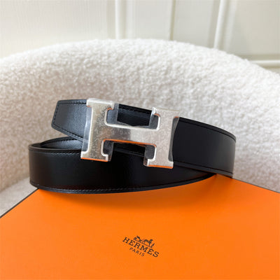 Hermes H Buckle 32mm Reversible Belt in Noir Calfskin / Etain Togo Leather Sz 90