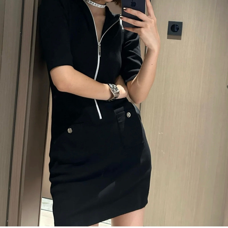 Chanel 25C Zipped Hoodie Dress in Black Cotton and Cashmere Sz 40