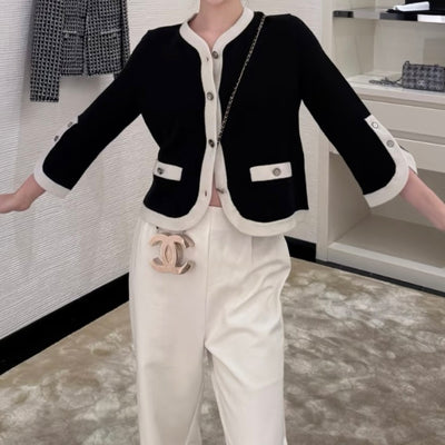 Chanel 25C Cardigan With CC Logo Buttons in Black / White Cashmere Sz 38