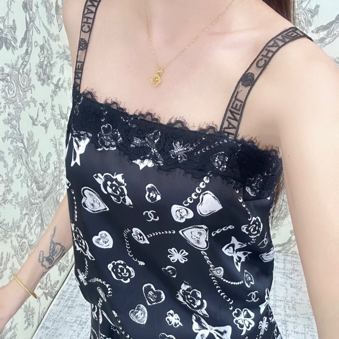 Chanel 25B Camisole Top in Black Silk with White Prints Sz 38