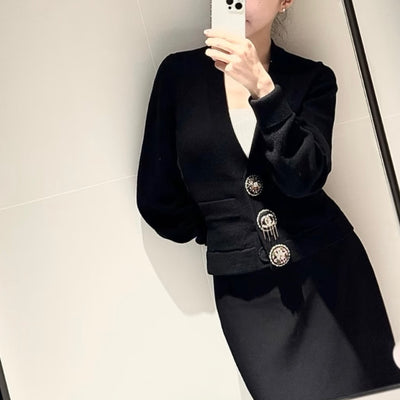 Chanel 22A Runway Cardigan in Black Cashmere with Embellished Buttons Sz 44