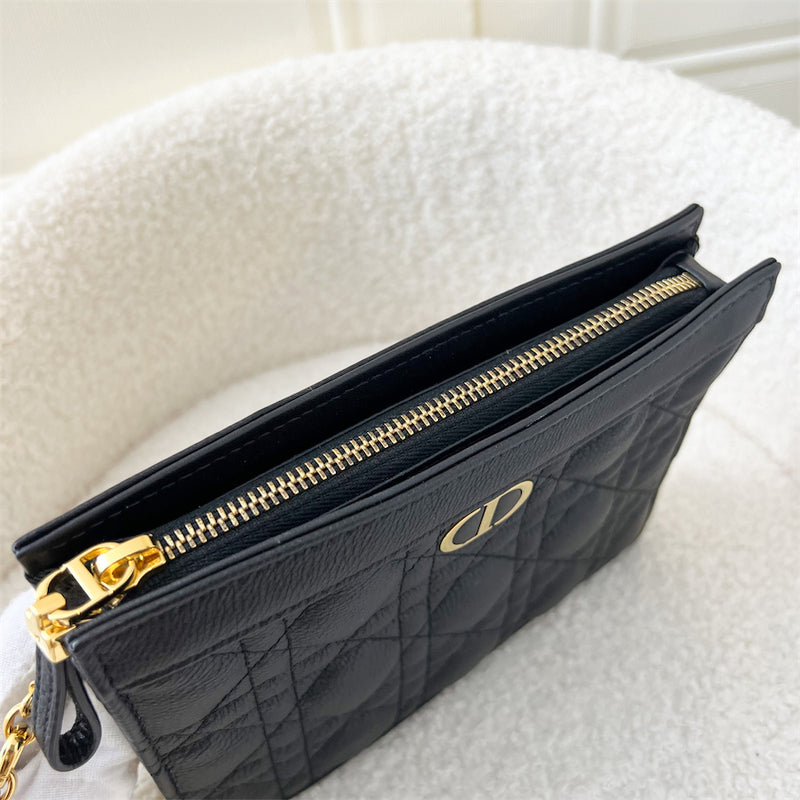 Dior Caro Zipped Pouch with Chain in Black Cannage Calfskin and GHW