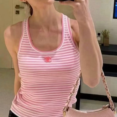 Chanel Striped Knit Tank Top in Pink Cotton and Polyamide Sz 34