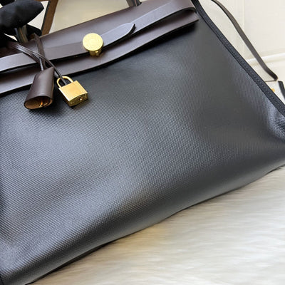 Hermes Herbag Zip 31 in Black Coated Canvas, Dark Brown Leather and GHW