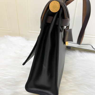 Hermes Herbag Zip 31 in Black Coated Canvas, Dark Brown Leather and GHW