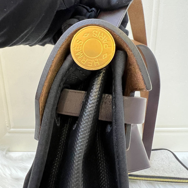 Hermes Herbag Zip 31 in Black Coated Canvas, Dark Brown Leather and GHW