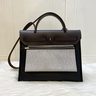 Hermes Herbag Zip 31 in Black Coated Canvas, Dark Brown Leather and GHW
