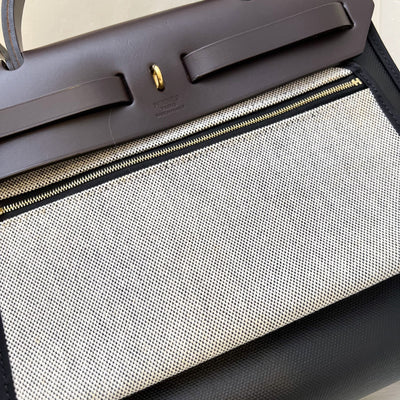 Hermes Herbag Zip 31 in Black Coated Canvas, Dark Brown Leather and GHW