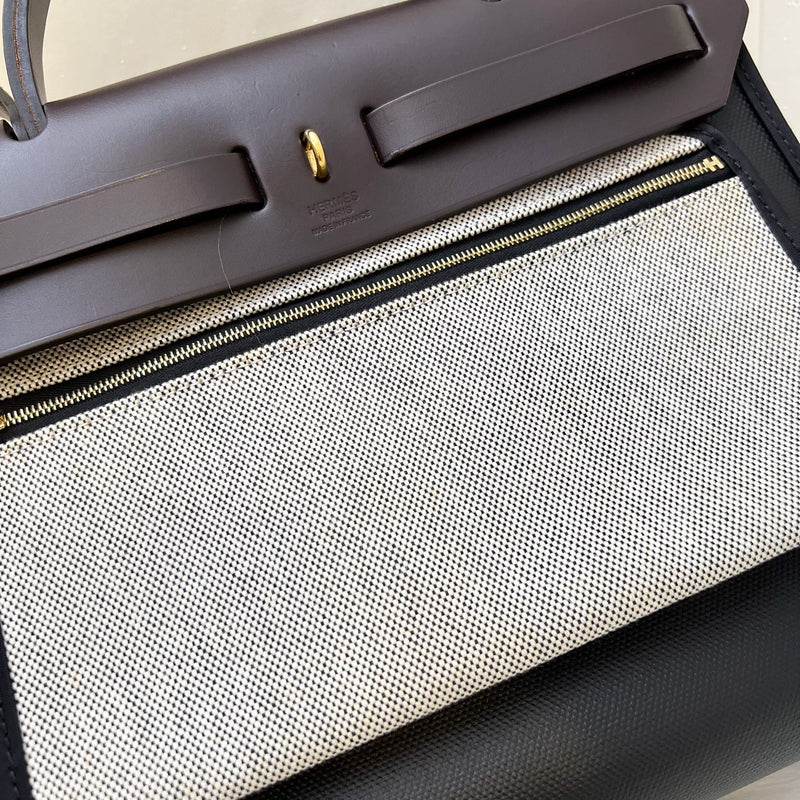 Hermes Herbag Zip 31 in Black Coated Canvas, Dark Brown Leather and GHW