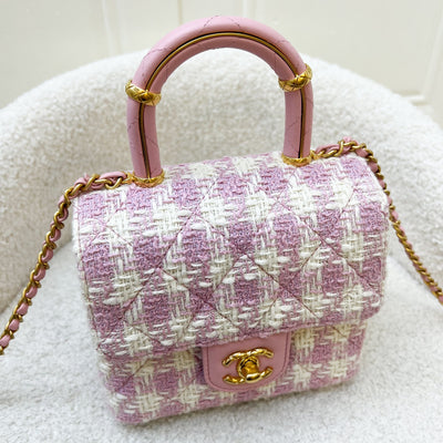 Chanel 23S Top Handle Flap Bag in Pink Tweed Houndstooth AGHW