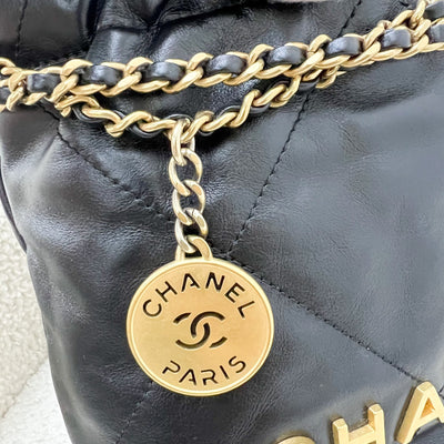 Chanel 22 Mini Hobo Handbag in Black Shiny Calfskin and AGHW