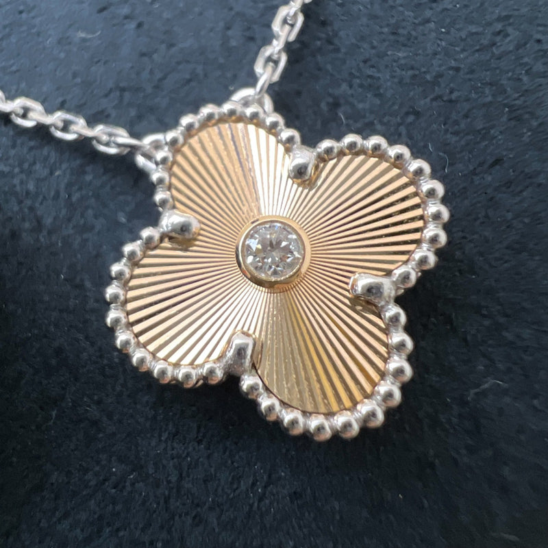 Van Cleef & Arpels VCA Holiday Pendant 2024 Vintage Alhambra Guilloche Necklace in 18K White Gold, 18K Rose Gold and 1 Diamond