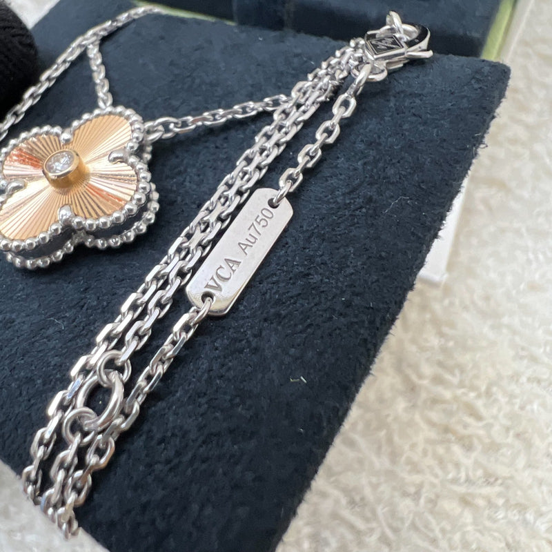 Van Cleef & Arpels VCA Holiday Pendant 2024 Vintage Alhambra Guilloche Necklace in 18K White Gold, 18K Rose Gold and 1 Diamond
