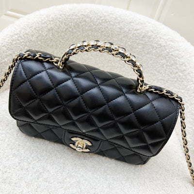 Chanel 23A Mini Rectangle Flap with Crystals Top Handle in Black Lambskin and LGHW