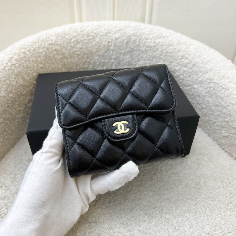 Chanel Classic Trifold Compact Wallet in Black Lambskin and GHW