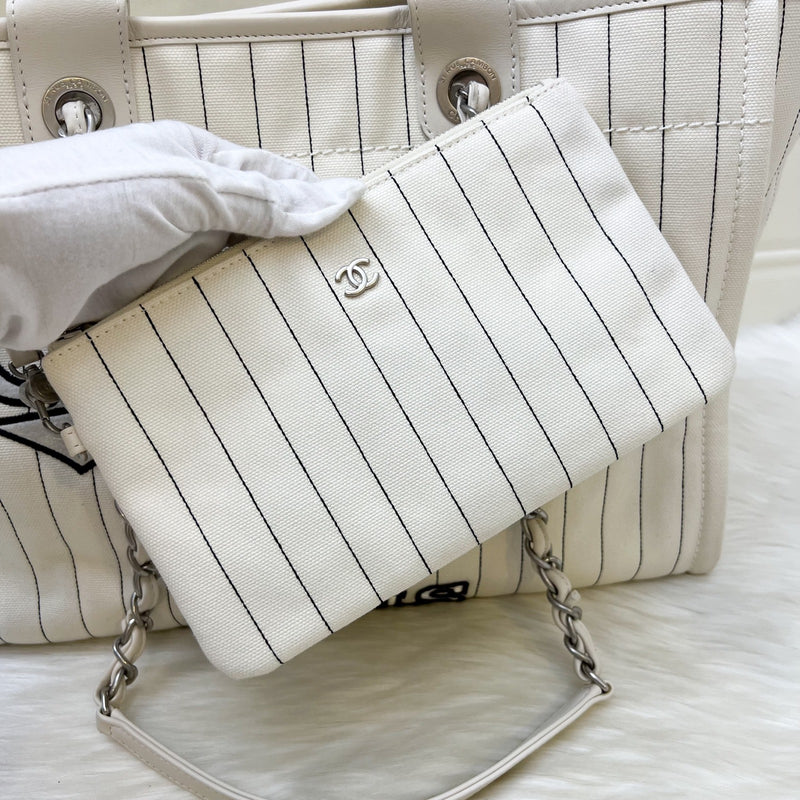 Chanel Medium / Large Deauville Tote in White Striped Fabric and LGHW