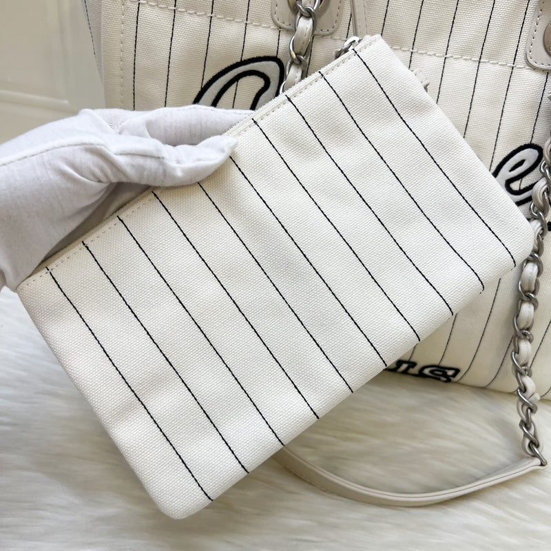 Chanel Medium / Large Deauville Tote in White Striped Fabric and LGHW