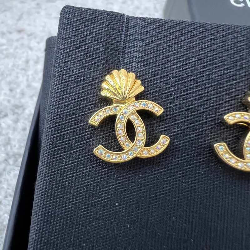 Chanel CC with Seashell Earrings with Crystals in GHW