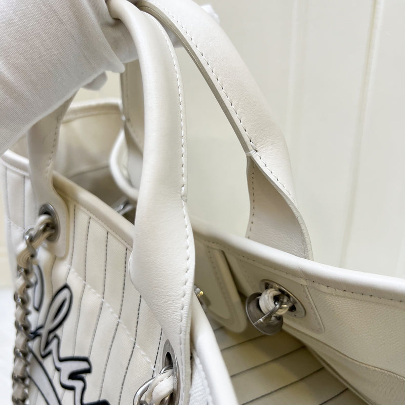 Chanel Medium / Large Deauville Tote in White Striped Fabric and LGHW