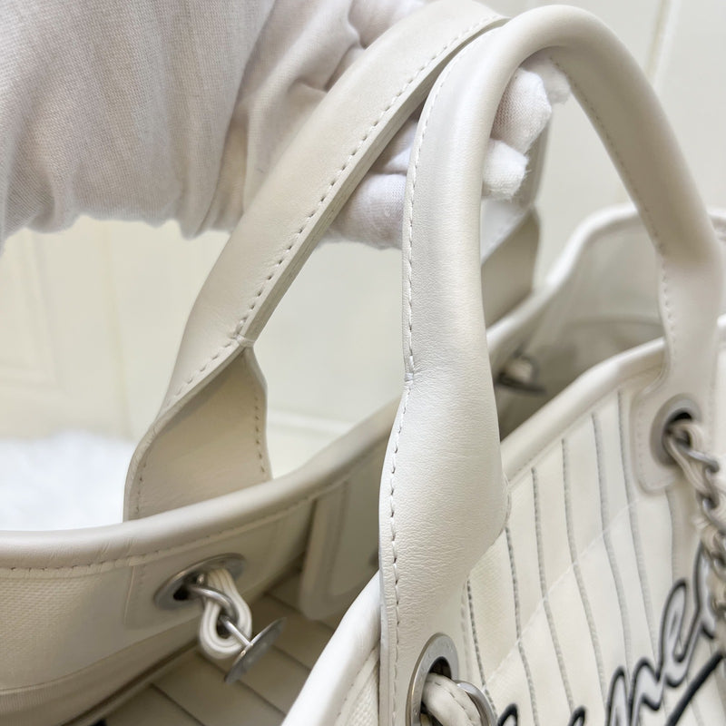 Chanel Medium / Large Deauville Tote in White Striped Fabric and LGHW