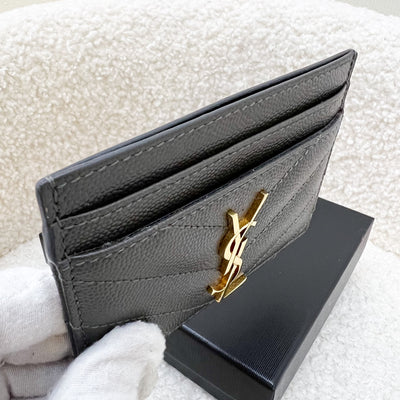 Saint Laurent YSL Flat Card Holder in Grey Grained Calfskin and GHW