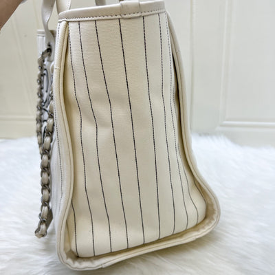 Chanel Medium / Large Deauville Tote in White Striped Fabric and LGHW
