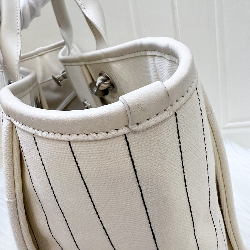 Chanel Medium / Large Deauville Tote in White Striped Fabric and LGHW