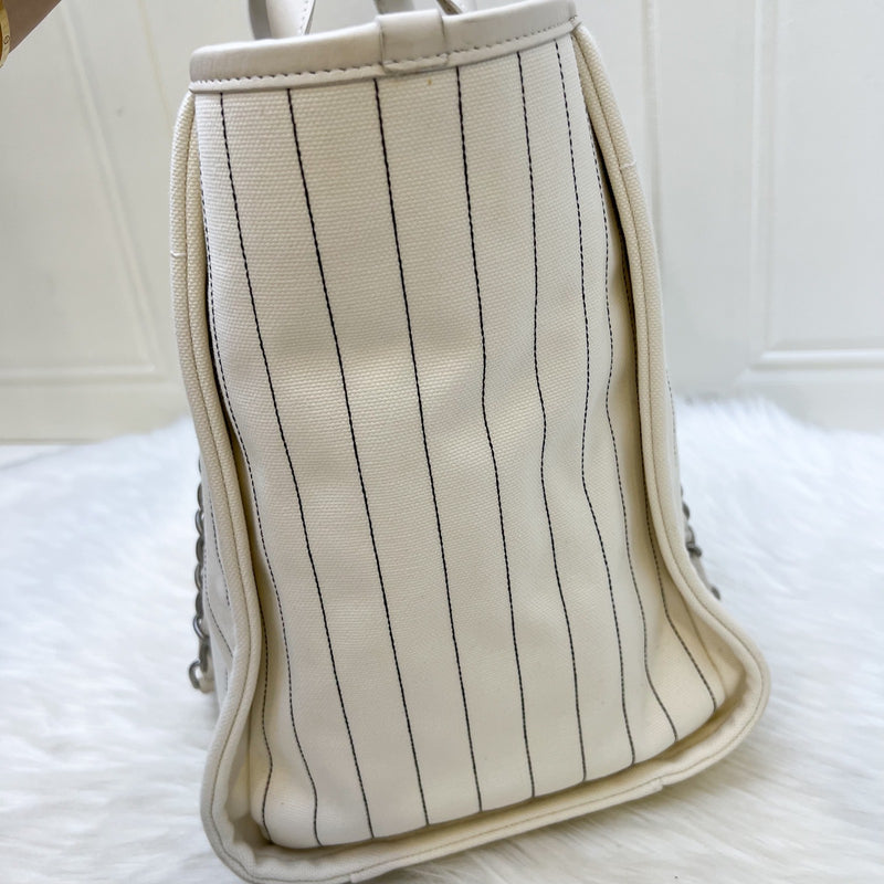 Chanel Medium / Large Deauville Tote in White Striped Fabric and LGHW