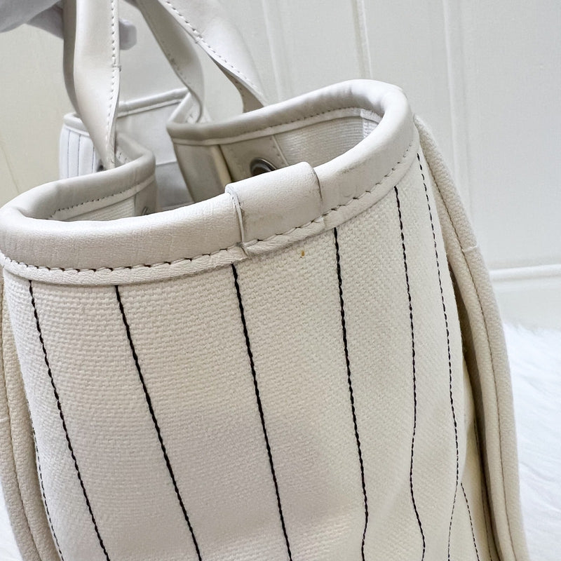 Chanel Medium / Large Deauville Tote in White Striped Fabric and LGHW