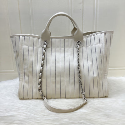 Chanel Medium / Large Deauville Tote in White Striped Fabric and LGHW