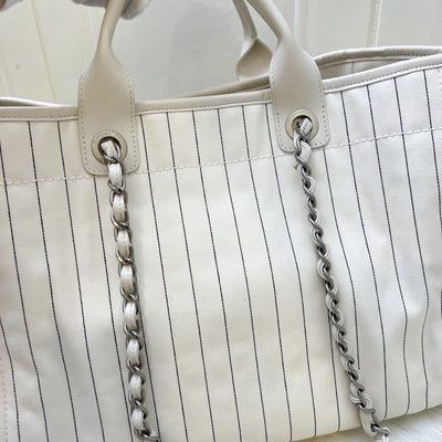 Chanel Medium / Large Deauville Tote in White Striped Fabric and LGHW