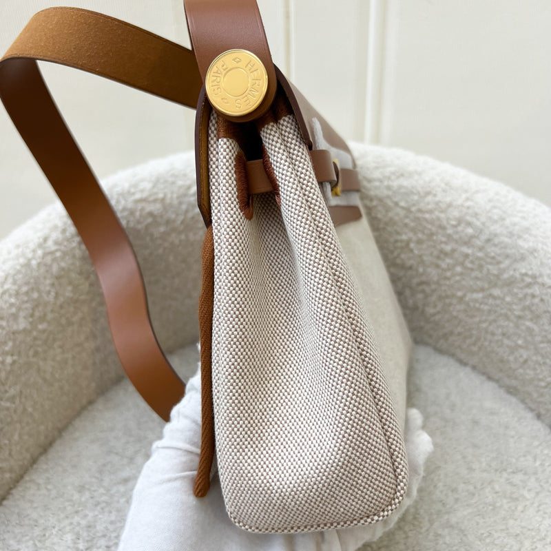 Hermes Mini Herbag Retourne in Ecru-Beige Canvas, Fauve Leather and GHW