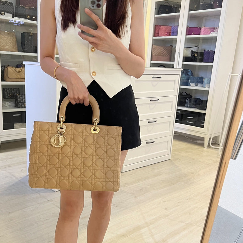 Dior Large Lady Dior in Milk Tea Beige Lambskin and GHW