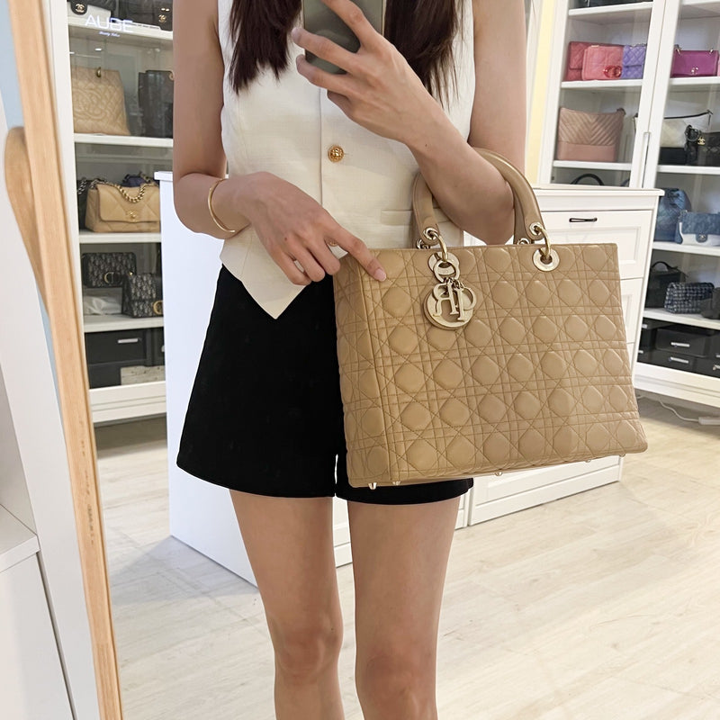 Dior Large Lady Dior in Milk Tea Beige Lambskin and GHW