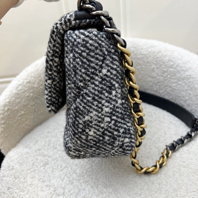 Chanel 19 Small Flap in Black and White Tweed Fabric and 3-tone HW