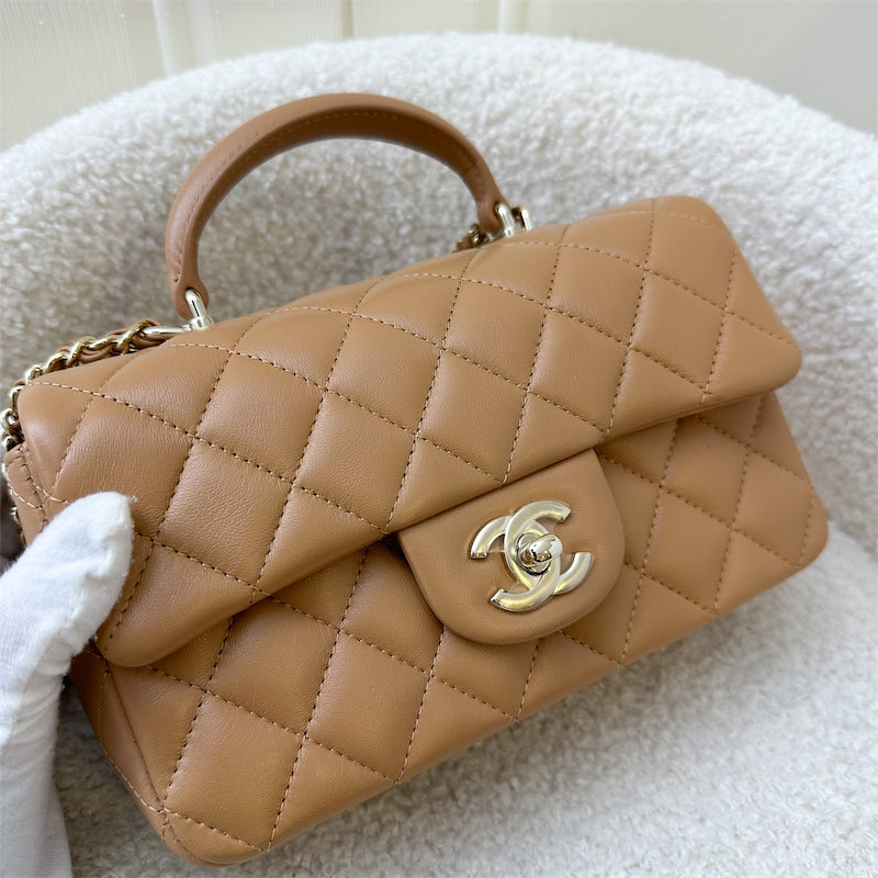 Chanel Top Handle Mini Rectangle Flap in 23P Caramel Lambskin and GHW